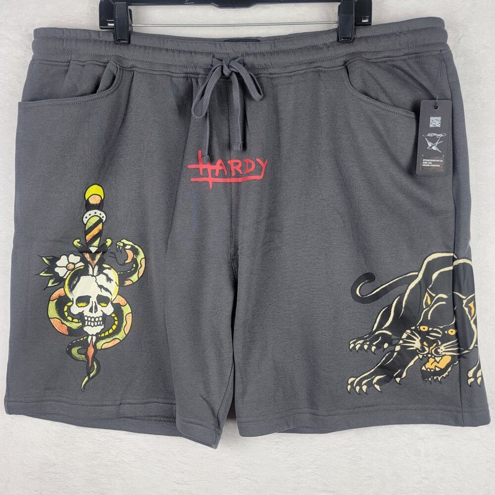 Men 2X Knit Shorts Drawstring Pocket Gray Graphic Skull Designer Street Casual